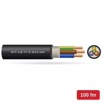 NYY-J (E-YY-J) 3x2,5 mm2 fekete tömör réz PVC szigetelésű 0,6/1Kv erőátviteli földkábel (100 fm kiszerelés)
