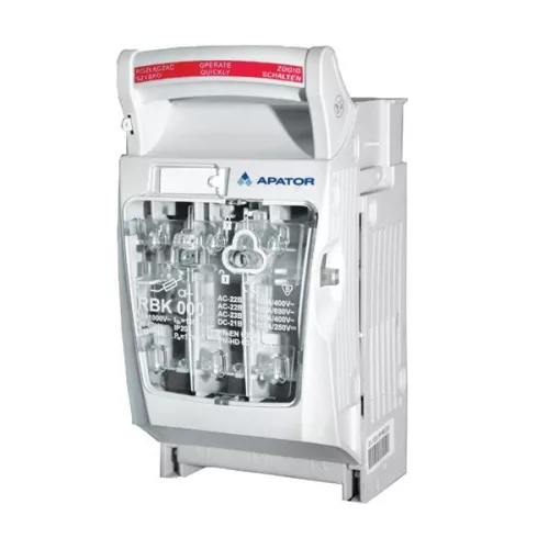 Apator 63-823234-011 RBK 000-SG, 000 méretű vízszintes késes biztosítós szakaszoló, 3f., 160A, 60mm sínrendszerre, felső bekötés, S/M csatl. ( Apator 63-823234-011 )
