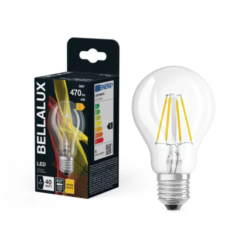 Bellalux LED izzó, classic forma, átlátszó üveg búra, E27 foglalat, 4W, 470lm, 2700K meleg fehér