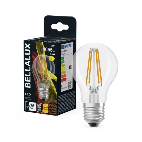 Bellalux LED izzó, classic forma, átlátszó üveg búra, E27 foglalat, 7,5W, 1055lm, 2700K meleg fehér