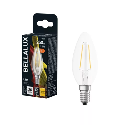 Bellalux LED izzó gyertya forma, átlátszó üveg búra, E14 foglalat, 2,5W, 250lm, 2700K meleg fehér