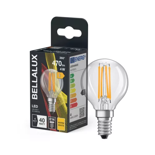 Bellalux LED kisgömb izzó, átlátszó üveg, E14 foglalat, 4W, 2700K, 470lm, meleg fehér