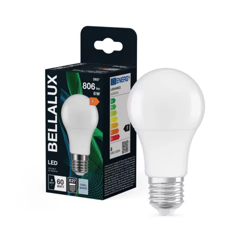 Bellalux LED izzó, körte forma, matt plasztik, E27 foglalat, 8W, 4000K, 806lm, hideg fehér