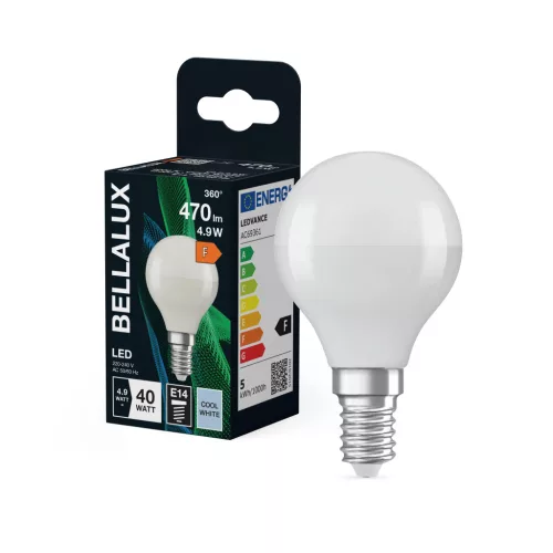 Bellalux LED kisgömb izzó, matt plasztik, E14 foglalat, 4,9W, 4000K, 470lm, hideg fehér