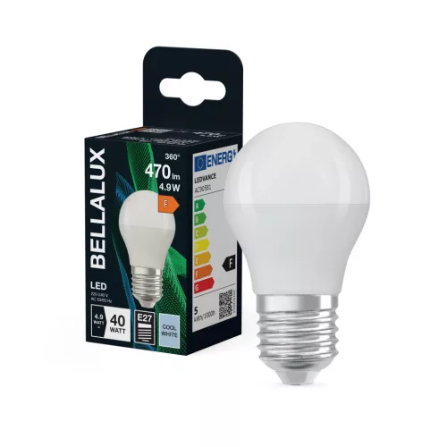 Bellalux LED kisgömb izzó, matt plasztik, E27 foglalat, 4,9W, 4000K, 470lm, hideg fehér