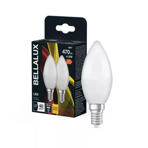 Bellalux LED izzó gyertya forma, matt búra, E14 foglalat, 4,9W, 470lm, 2700K meleg fehér 2db