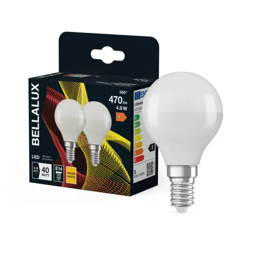 Bellalux LED kisgömb izzó, matt plasztik, E14 foglalat, 4,9W, 2700K, 470lm, meleg fehér, 2 db csomag