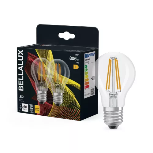 Bellalux LED izzó, classic forma, átlátszó üveg búra, E27 foglalat, 7W, 806lm, 2700K meleg fehér 2db
