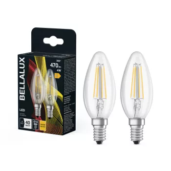 Bellalux LED izzó gyertya forma, átlátszó üveg búra, E14 foglalat, 4W, 470lm, 2700K meleg fehér 2db