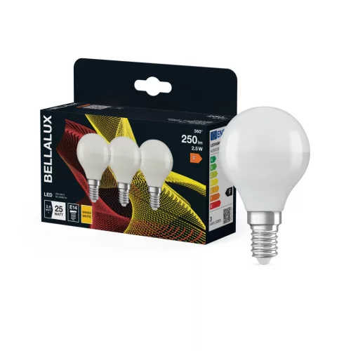 Bellalux LED kisgömb izzó, matt plasztik, E14 foglalat, 2,5W, 2700K, 250lm, meleg fehér, 3 db csomag