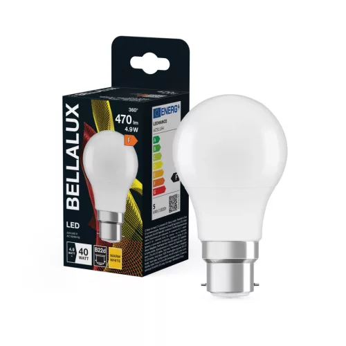 Bellalux LED izzó, classic forma, matt plasztik búra, B22d foglalat, 4,9W, 470lm, 2700K meleg fehér