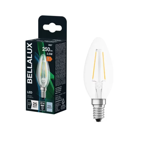 Bellalux LED izzó gyertya forma, átlátszó üveg búra, E14 foglalat, 2,5W, 250lm, 4000K semleges fehér