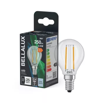 Bellalux LED kisgömb izzó, átlátszó üveg, E14 foglalat, 2,5W, 4000K, 250lm, hideg fehér