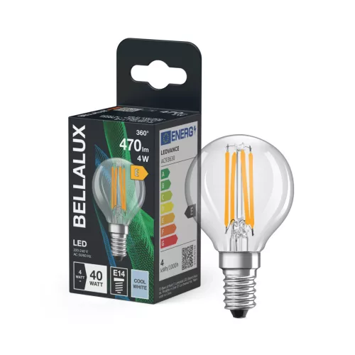Bellalux LED kisgömb izzó, átlátszó üveg, E14 foglalat, 4W, 4000K, 470lm, hideg fehér