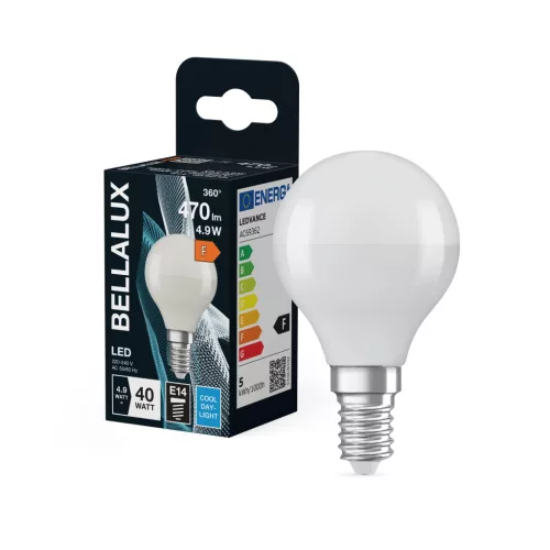 Bellalux LED kisgömb izzó, matt plasztik, E14 foglalat, 4,9W, 6500K, 470lm, hideg fehér