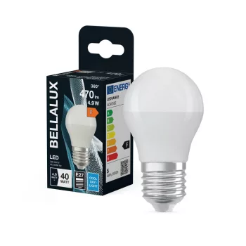 Bellalux LED kisgömb izzó, matt plasztik, E27 foglalat, 4,9W, 6500K, 470lm, hideg fehér