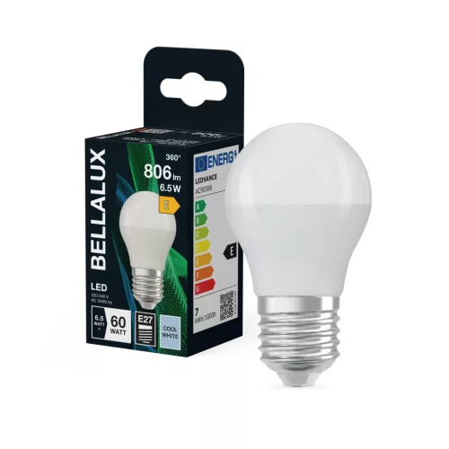 Bellalux LED kisgömb izzó, matt plasztik, E27 foglalat, 6,5W, 4000K, 806lm, hideg fehér