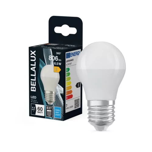 Bellalux LED kisgömb izzó, matt plasztik, E27 foglalat, 6,5W, 6500K, 806lm, hideg fehér