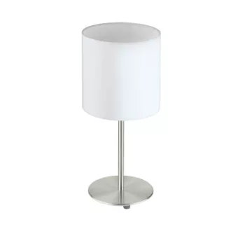   EGLO 31594 PASTERI, beltéri asztali lámpa, E27 foglalattal, MAX 1X60W teljesítménnyel, matt nikkel / acél lámpatest, IP20, fehér / textil búrával, zsinórkapcsolóval