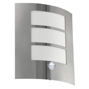   EGLO 88142 CITY, kültéri, IP44-es fali lámpa, E27-es foglalattal, MAX 1X60W teljesítménnyel, nemesacél / nemesacél lámpatest, mozgásérzékelővel, fehér / műanyag búrával