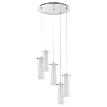   EGLO 93003 PINTO, beltéri függeszték, E27 foglalattal, MAX 5X60W teljesítménnyel, króm / acél lámpatest, IP20, áttetsző, fehér / üveg, opál üveg búrával, kapcsoló nélkül