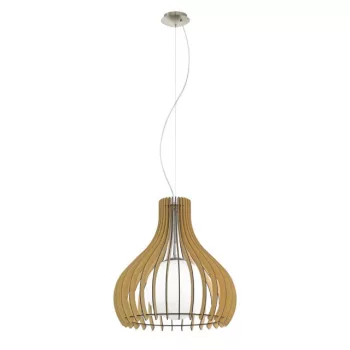   EGLO 96214 TINDORI, beltéri függeszték, E27 foglalattal, MAX 1X60W teljesítménnyel, matt nikkel / acél lámpatest, IP20, juhar, fehér / fa, üveg búrával, kapcsoló nélkül