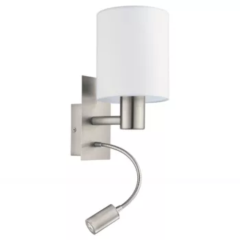   EGLO 96477 PASTERI, beltéri fali lámpa, E27/LED foglalattal, MAX 1X40W/1X3,5W teljesítménnyel, 380lm, 3000 K, matt nikkel / acél lámpatest, IP20, fehér / textil búrával, LED nem cserélhető, billenő kapcsolóval