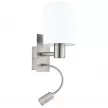 EGLO 96477 PASTERI, beltéri fali lámpa, E27/LED foglalattal, MAX 1X40W/1X3,5W teljesítménnyel, 380lm, 3000 K, matt nikkel / acél lámpatest, IP20, fehér / textil búrával, LED nem cserélhető, billenő kapcsolóval