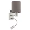 EGLO 96481 PASTERI, beltéri fali lámpa, E27/LED foglalattal, MAX 1X40W/1X3,5W teljesítménnyel, 380lm, 3000 K, matt nikkel / acél lámpatest, IP20, antracit-barna / textil búrával, LED nem cserélhető, billenő kapcsolóval