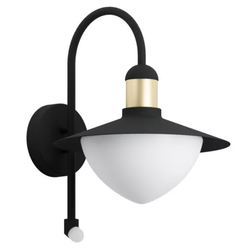 EGLO 97286 SIRMIONE, kültéri, IP44-es fali lámpa, E27-es foglalattal, MAX 1X60W teljesítménnyel, fekete, arany / horganyzott acél lámpatest, mozgásérzékelővel, fehér / opál üveg búrával