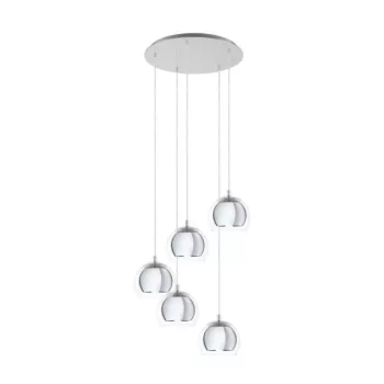   EGLO 98596 ROCAMAR 1, beltéri függeszték, E27 foglalattal, MAX 5X28W teljesítménnyel, króm / acél lámpatest, IP20, áttetsző / üveg búrával, kapcsoló nélkül