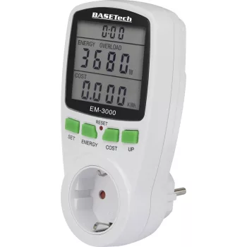   Basetech EM-3000 dugaljba dugható fogyasztásmérő  készülék, költség előrejelzéssel, LCD kijelzővel, max.16 A, teljesítmény 2- 3680 W