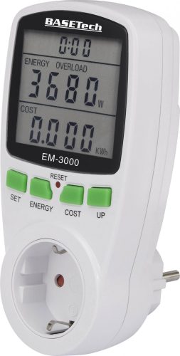 Basetech EM-3000 dugaljba dugható fogyasztásmérő  készülék, költség előrejelzéssel, LCD kijelzővel, max.16 A, teljesítmény 2- 3680 W