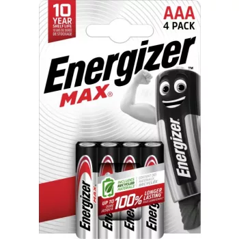   Energizer EMAAA Max LR03 (AAA) mikro alkáli elem – hosszú élettartamú, megbízható 1,5V energiaforrás elektronikai és háztartási eszközökhöz ( 4db/csomag ) ( EMAAA )