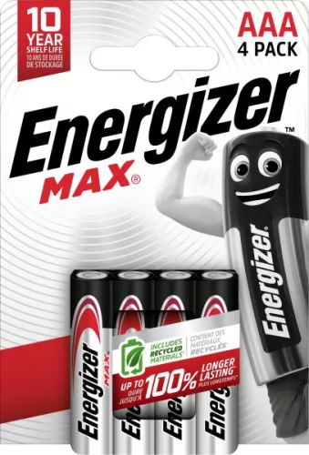 Energizer EMAAA Max LR03 (AAA) mikro alkáli elem – hosszú élettartamú, megbízható 1,5V energiaforrás elektronikai és háztartási eszközökhöz ( 4db/csomag ) ( EMAAA )