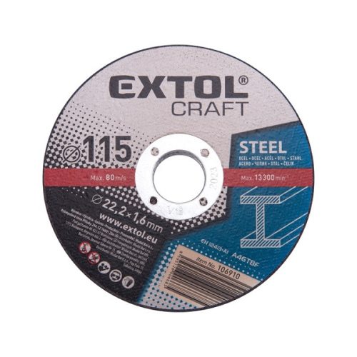 EXTOL CRAFT 106910 vágókorong acélhoz; 115×1,6×22,2mm, max. 13.300 ford/perc, (darabáras, de csak ötösével rendelhető) ( 106910 )
