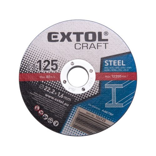 EXTOL CRAFT 106920 vágókorong acélhoz; 125×1,6×22,2mm,max. 12.200 ford/perc, (darabáras, de csak ötösével rendelhető) ( 106920 )