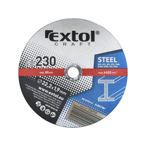 EXTOL CRAFT 106950 vágókorong acélhoz; 230×1,9×22,2mm, max. 6.600 ford/perc, (darabáras, de csak ötösével rendelhető) ( 106950 )
