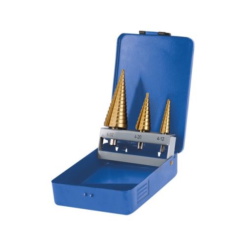 EXTOL CRAFT 20090 lépcsős fémfúró klt. 3db; (4-12mm/1mm lépcsők,4-20mm/2mm,4-32mm/2mm) befogás:10mm, max.4mm vastag anyagokhoz,TiN bevonat ( 20090 )