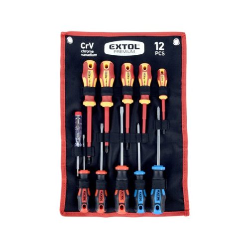 EXTOL PREMIUM 53088 csavarhúzó klt. szigetelt 1000V+nem szigetelt, 6+5db ; fáziskeresővel, műanyag kínáló+nylon tok ( 53088 )