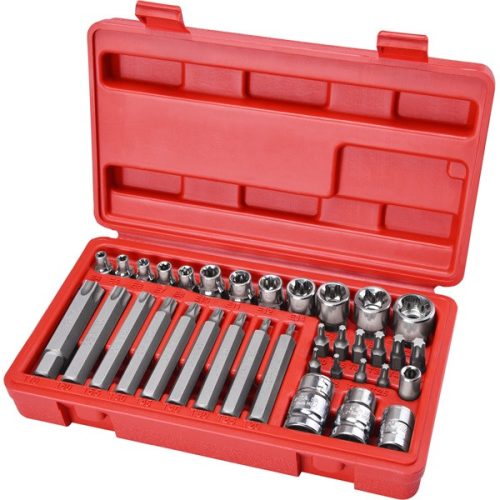 EXTOL PREMIUM 8818211 BIT és dugókulcs klt. 35 db TORX, 1/4"+8mm+10mm+12mm BIT-ek, 1/4"+3/8" dugófejek, adapterek C.V. acél, műanyag dobozban ( 8818211 )