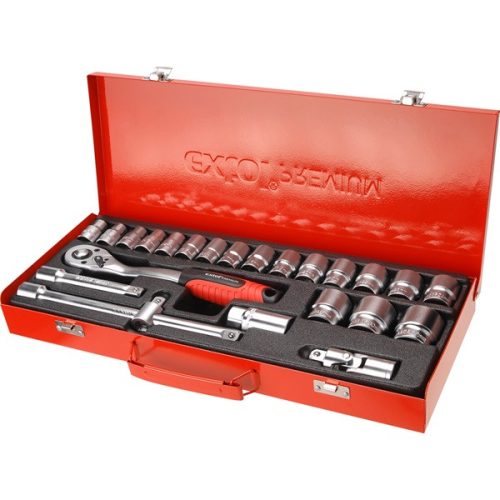 EXTOL PREMIUM 8818365 dugókulcs klt., CV., racsnis 45fog ; 1/2" 24db, 10-32mm, fém doboz ( 8818365 )