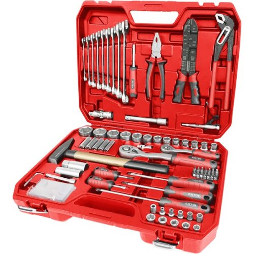 EXTOL PREMIUM 8818411 szerszám és dugókulcs klt.,100db; 1/4", és 1/2" racs.kar (45 fog), cs-v kulcs, csavarhúzó, fogók ( 8818411 )