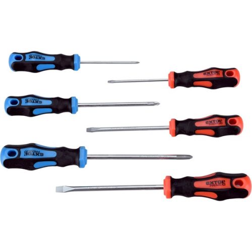 EXTOL PREMIUM 8819256 csavarhúzó klt., 6db; lapos:3×75, 5,5×100 és 6,5×125mm, PH0×60, PH1×100 és PH2×125, CV., mágneses, papír tartóban ( 8819256 )