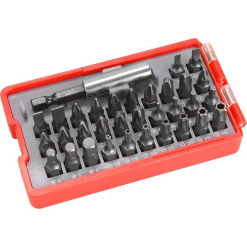 EXTOL PREMIUM 8819641 behajtó klt. 33 db Cr.V., lapos:3-6mm, PH1-3, PZ1-3, HEX 1,5-6mm, TTa 10-40,  övre akasztható műanyag tartóban ( 8819641 )