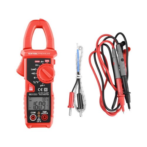 EXTOL PREMIUM 8831253 lakatfogó és digitális multiméter; Amper/Volt/Ohm mérő, hangjelző funkcióval, CE, 2 db 1,5V AAA elem ( 8831253 )