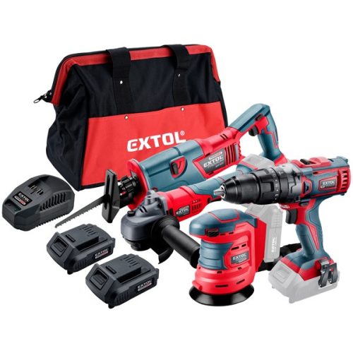 EXTOL PREMIUM 8898314 akkus gépszett Share20V, táskában, 7db-os: fúró, sarokcsiszoló, szablyafűrész, rotációs csiszoló, 2db akku, töltő ( 8898314 )