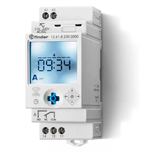 Finder 12.61.8.230.0000 elektronikus kapcsolóóra 16 A 1 váltóérintkező heti program DIN sínre