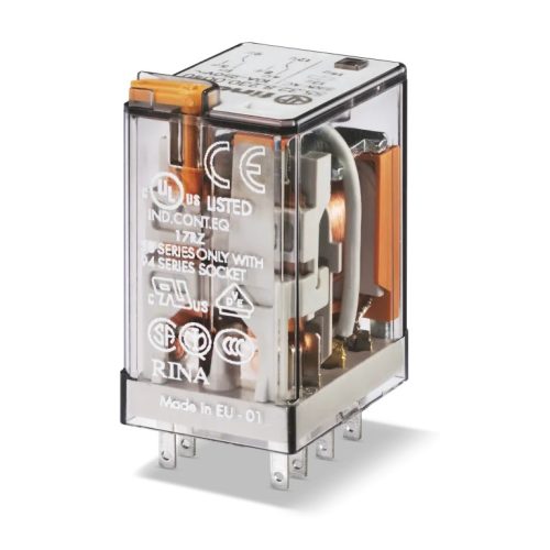 Finder 55.32.8.006.0040 Miniatűr ipari relé 2 váltóérintkező (CO) AgNi, 6V AC (50/60 Hz) vezerlőfeszültség, 10A folytonos áram, foglalatba dugaszolható - zárható teszt nyomógomb + mechanikus állapotjelzés