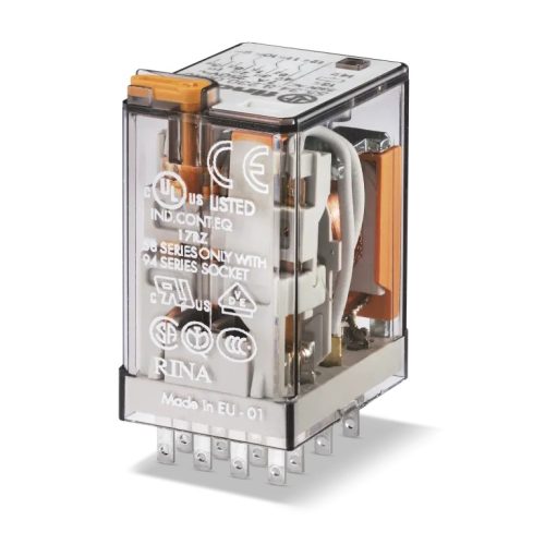 Finder 55.34.8.012.0050 Miniatűr ipari relé 4 váltóérintkező (CO) AgNi, 12V AC (50/60 Hz) vezerlőfeszültség, 7A folytonos áram, foglalatba dugaszolható - zárható teszt nyomógomb + LED (AC)